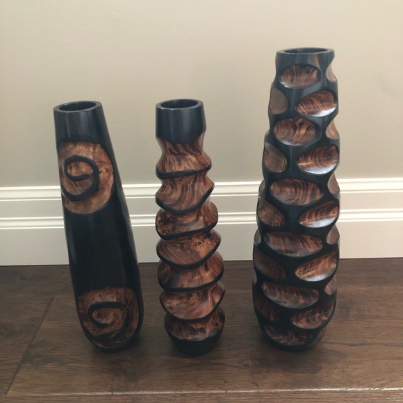 3 Jamaican Mango Wood Vases - Picture 1 of 4